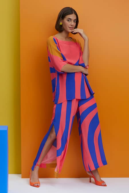 Nautanky Blue Crepe Round Neck Out N Abt Abstract Top And Pant Set Online at Aza Fashions Nautanky_Blue Crepe Round Neck Out N Abt Abstract Top And Pant Set _Online_at_Aza_Fashions