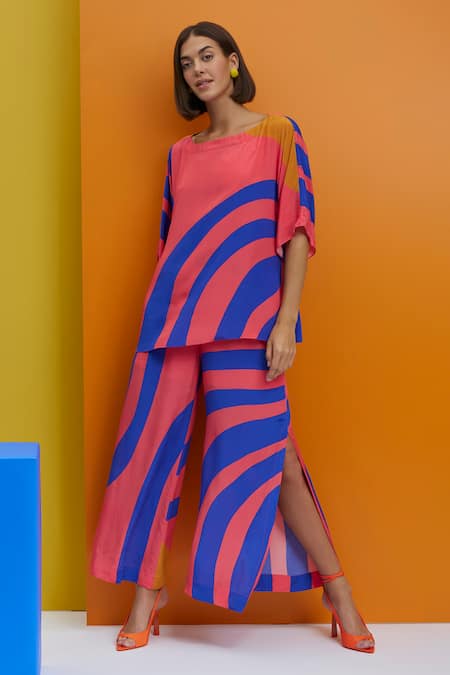 Buy Nautanky Blue Crepe Round Neck Out N Abt Abstract Top And Pant Set Online at Aza Fashions Buy_Nautanky_Blue Crepe Round Neck Out N Abt Abstract Top And Pant Set _Online_at_Aza_Fashions