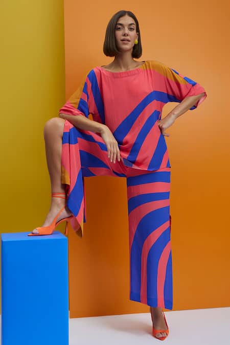 Nautanky Blue Crepe Round Neck Out N Abt Abstract Top And Pant Set at Aza Fashions Nautanky_Blue Crepe Round Neck Out N Abt Abstract Top And Pant Set _at_Aza_Fashions