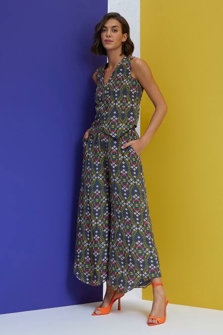 Nautanky_Grey Crepe V-neck Over It Printed Waistcoat And Pant Set _Online_at_Aza_Fashions