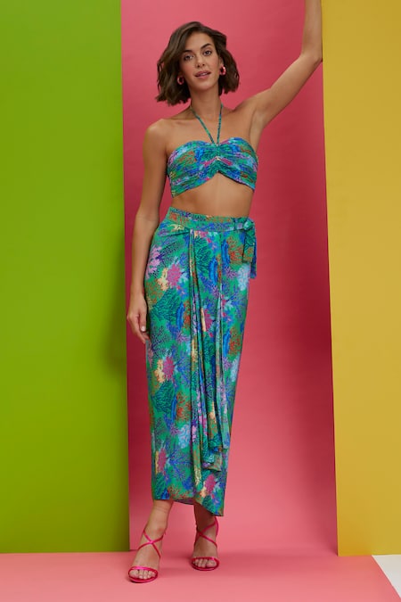 Nautanky Paradise Bandeau Printed Bustier & Draped Skirt Set 