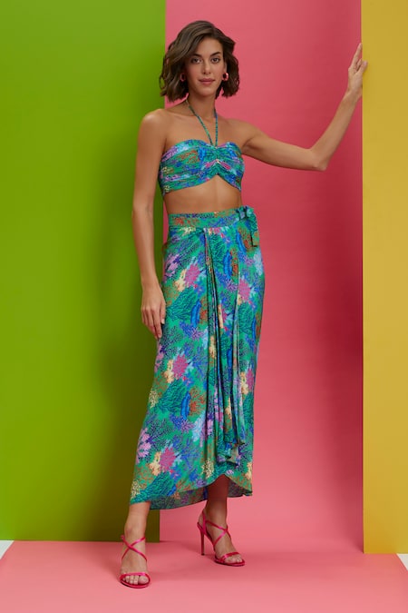 Nautanky_Blue Crepe Embroidery Paradise Bandeau Printed Bustier And Draped Skirt Set _Online_at_Aza_Fashions