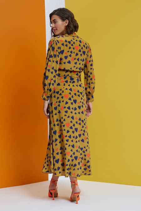 Shop Nautanky Yellow Crepe V-neck Reality Check Wrap-around Top And Skirt Set at Aza Fashions Shop_Nautanky_Yellow Crepe V-neck Reality Check Wrap-around Top And Skirt Set _at_Aza_Fashions