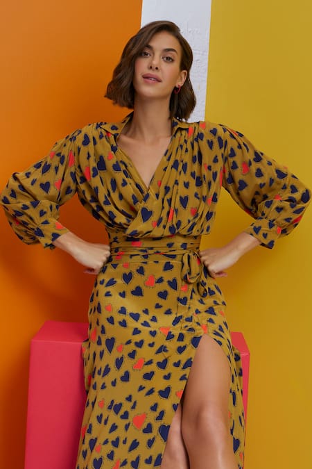 Buy Nautanky Yellow Crepe V-neck Reality Check Wrap-around Top And Skirt Set Online at Aza Fashions Buy_Nautanky_Yellow Crepe V-neck Reality Check Wrap-around Top And Skirt Set _Online_at_Aza_Fashions