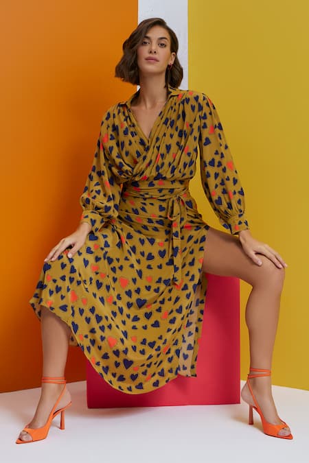 Shop Nautanky Yellow Crepe V-neck Reality Check Wrap-around Top And Skirt Set Online at Aza Fashions Shop_Nautanky_Yellow Crepe V-neck Reality Check Wrap-around Top And Skirt Set _Online_at_Aza_Fashions