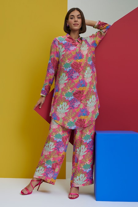 Nautanky See You Coral Print Long Shirt & Pant Set 