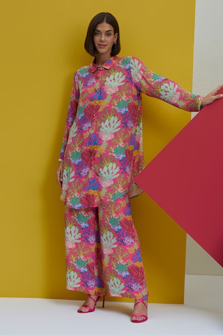 Nautanky_Pink Crepe Embroidery Collared See You Coral Print Long Shirt And Pant Set _Online_at_Aza_Fashions