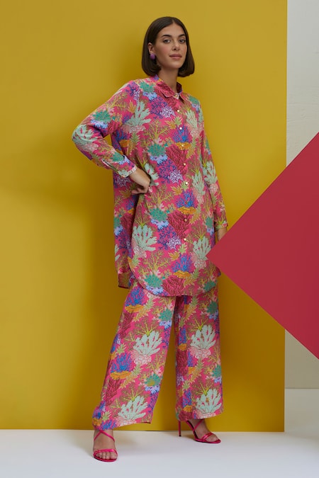 Buy_Nautanky_Pink Crepe Embroidery Collared See You Coral Print Long Shirt And Pant Set _Online_at_Aza_Fashions