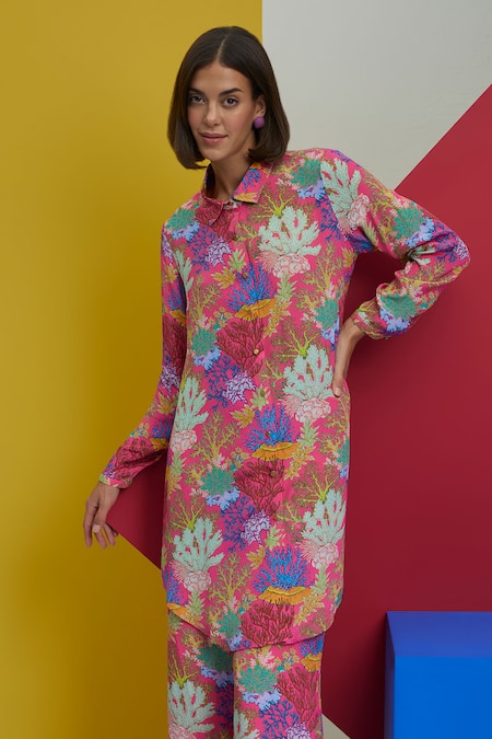 Nautanky_Pink Crepe Embroidery Collared See You Coral Print Long Shirt And Pant Set _at_Aza_Fashions