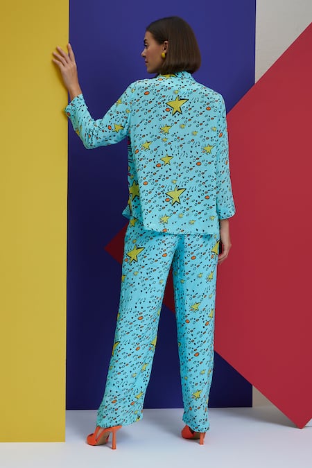 Shop_Nautanky_Blue Crepe Shawl Neck Simps Printed Shirt And Pant Set _at_Aza_Fashions