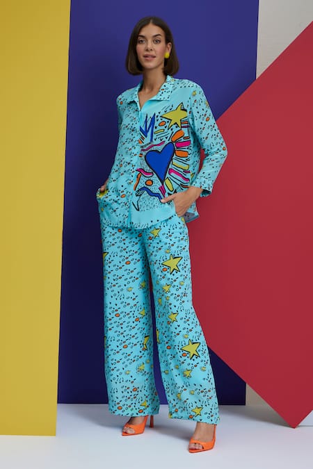 Nautanky_Blue Crepe Shawl Neck Simps Printed Shirt And Pant Set _Online_at_Aza_Fashions