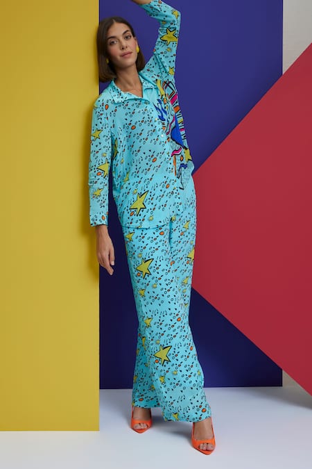 Buy_Nautanky_Blue Crepe Shawl Neck Simps Printed Shirt And Pant Set _Online_at_Aza_Fashions