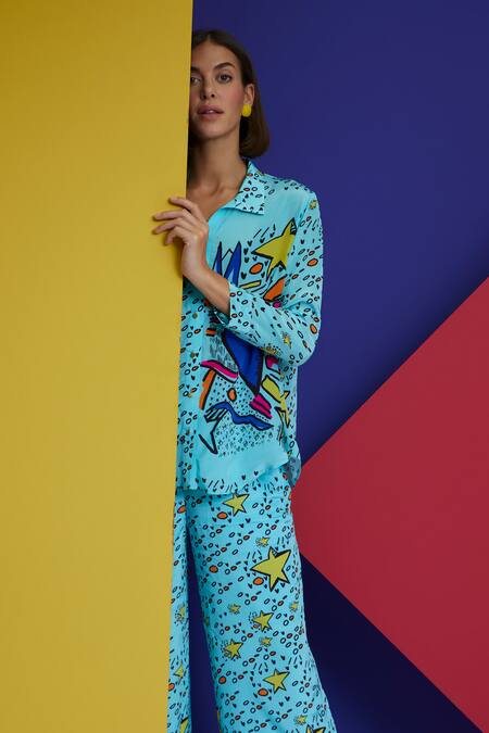 Shop_Nautanky_Blue Crepe Shawl Neck Simps Printed Shirt And Pant Set _Online_at_Aza_Fashions