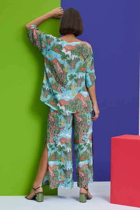 Shop Nautanky Blue Crepe Boat Neck Stop And Share Forest Print & Pant Set at Aza Fashions Shop_Nautanky_Blue Crepe Boat Neck Stop And Share Forest Print & Pant Set _at_Aza_Fashions