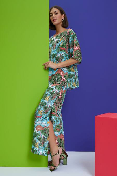 Buy Nautanky Blue Crepe Boat Neck Stop And Share Forest Print & Pant Set Online at Aza Fashions Buy_Nautanky_Blue Crepe Boat Neck Stop And Share Forest Print & Pant Set _Online_at_Aza_Fashions