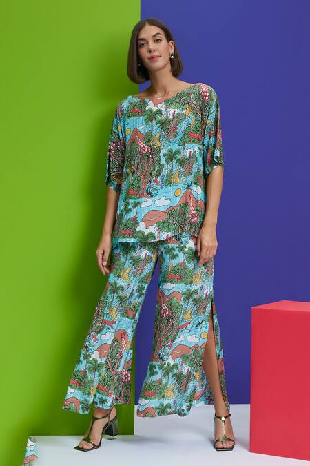 Shop Nautanky Blue Crepe Boat Neck Stop And Share Forest Print & Pant Set Online at Aza Fashions Shop_Nautanky_Blue Crepe Boat Neck Stop And Share Forest Print & Pant Set _Online_at_Aza_Fashions