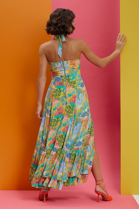 Shop Nautanky Yellow Crepe Sweetheart Neck Such A Gem Halter Tie-up Maxi Dress at Aza Fashions Shop_Nautanky_Yellow Crepe Sweetheart Neck Such A Gem Halter Tie-up Maxi Dress _at_Aza_Fashions