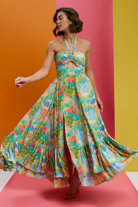 Nautanky Yellow Crepe Sweetheart Neck Such A Gem Halter Tie-up Maxi Dress Online at Aza Fashions Nautanky_Yellow Crepe Sweetheart Neck Such A Gem Halter Tie-up Maxi Dress _Online_at_Aza_Fashions