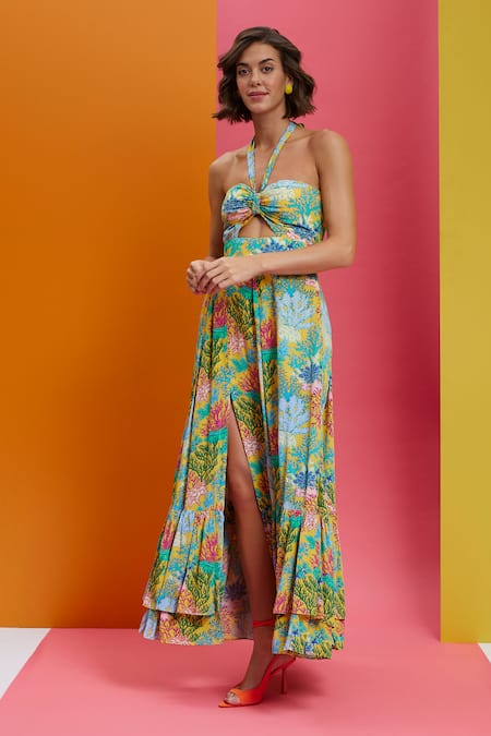 Shop Nautanky Yellow Crepe Sweetheart Neck Such A Gem Halter Tie-up Maxi Dress Online at Aza Fashions Shop_Nautanky_Yellow Crepe Sweetheart Neck Such A Gem Halter Tie-up Maxi Dress _Online_at_Aza_Fashions
