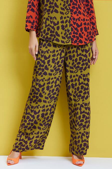 Buy_Nautanky_Green Crepe Shawl Neck Cheetah Print Shirt And Pant Set _Online_at_Aza_Fashions