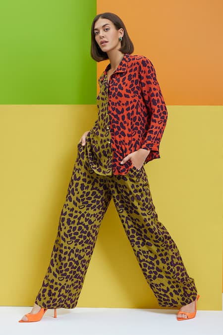 Shop_Nautanky_Green Crepe Shawl Neck Cheetah Print Shirt And Pant Set _Online_at_Aza_Fashions