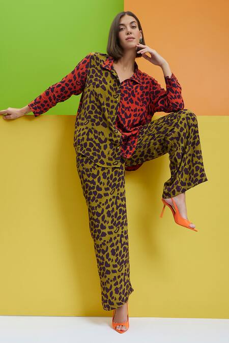 Shop_Nautanky_Green Crepe Shawl Neck Cheetah Print Shirt And Pant Set 