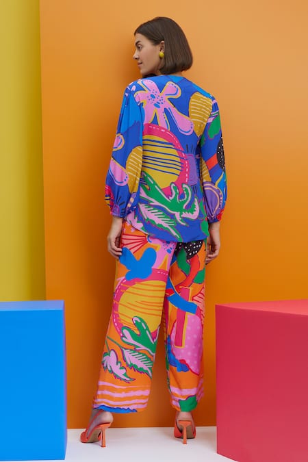 Shop Nautanky Blue Crepe Round Neck Cherry On Top Tie-up Shirt And Trouser Set at Aza Fashions Shop_Nautanky_Blue Crepe Round Neck Cherry On Top Tie-up Shirt And Trouser Set _at_Aza_Fashions