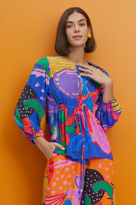 Buy Nautanky Blue Crepe Round Neck Cherry On Top Tie-up Shirt And Trouser Set Online at Aza Fashions Buy_Nautanky_Blue Crepe Round Neck Cherry On Top Tie-up Shirt And Trouser Set _Online_at_Aza_Fashions