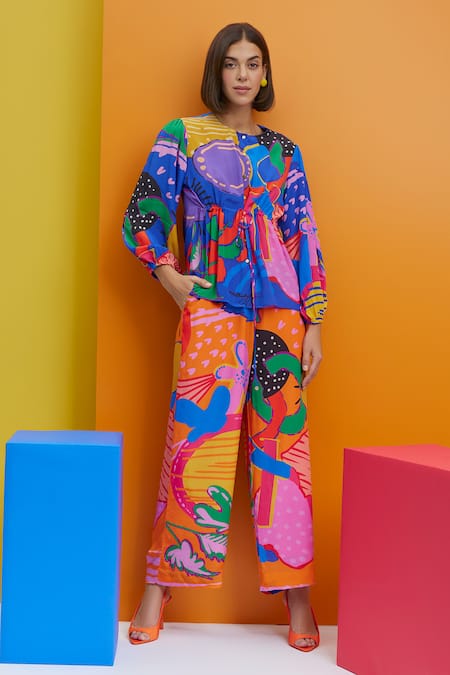 Shop Nautanky Blue Crepe Round Neck Cherry On Top Tie-up Shirt And Trouser Set Online at Aza Fashions Shop_Nautanky_Blue Crepe Round Neck Cherry On Top Tie-up Shirt And Trouser Set _Online_at_Aza_Fashions