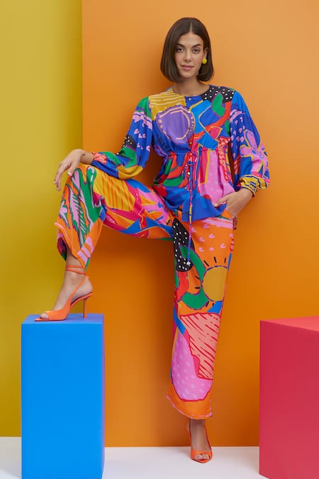 Nautanky Blue Crepe Round Neck Cherry On Top Tie-up Shirt And Trouser Set at Aza Fashions Nautanky_Blue Crepe Round Neck Cherry On Top Tie-up Shirt And Trouser Set _at_Aza_Fashions