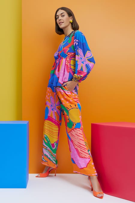 Buy Nautanky Blue Crepe Round Neck Cherry On Top Tie-up Shirt And Trouser Set Buy_Nautanky_Blue Crepe Round Neck Cherry On Top Tie-up Shirt And Trouser Set