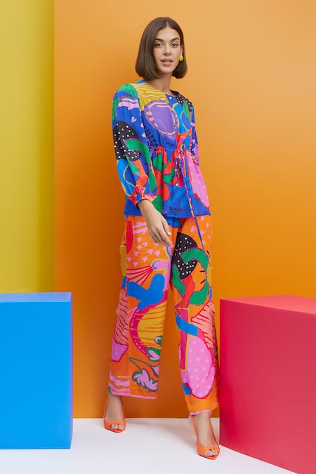 Shop Nautanky Blue Crepe Round Neck Cherry On Top Tie-up Shirt And Trouser Set Shop_Nautanky_Blue Crepe Round Neck Cherry On Top Tie-up Shirt And Trouser Set