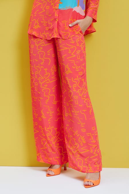 Nautanky_Peach Crepe Shawl Neck Drama Queen Over Sized Shirt And Pant Set _Online_at_Aza_Fashions
