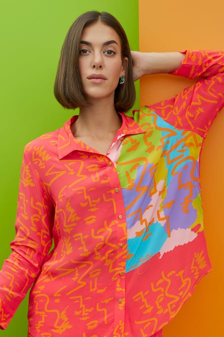 Buy_Nautanky_Peach Crepe Shawl Neck Drama Queen Over Sized Shirt And Pant Set _Online_at_Aza_Fashions