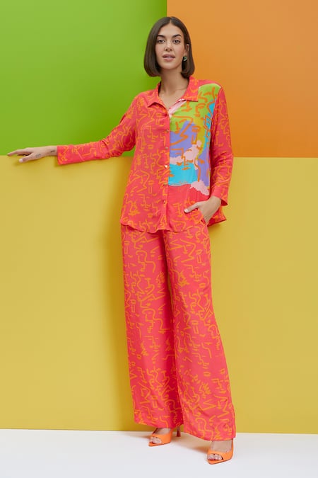 Shop_Nautanky_Peach Crepe Shawl Neck Drama Queen Over Sized Shirt And Pant Set _Online_at_Aza_Fashions