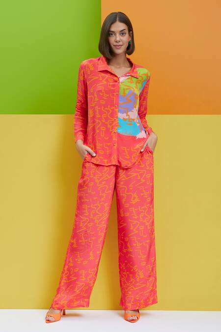Nautanky_Peach Crepe Shawl Neck Drama Queen Over Sized Shirt And Pant Set _at_Aza_Fashions
