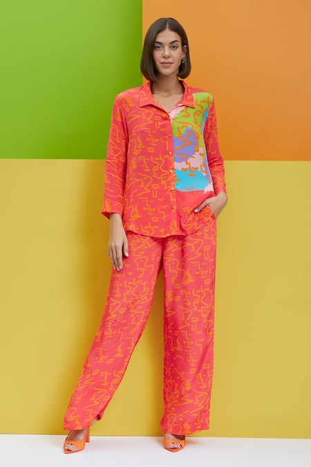 Buy_Nautanky_Peach Crepe Shawl Neck Drama Queen Over Sized Shirt And Pant Set 