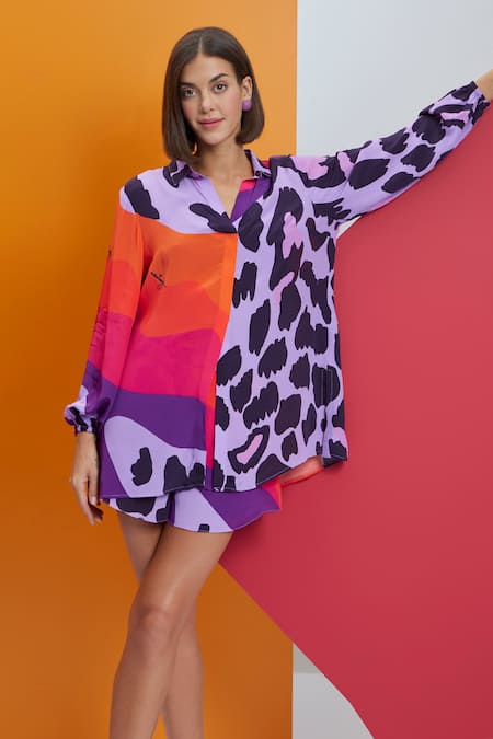 Buy_Nautanky_Purple Crepe Shawl Neck Eyes On Me Over Size Shirt And Shorts Set _Online_at_Aza_Fashions