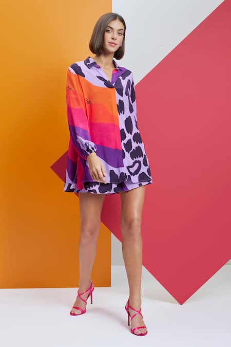 Nautanky_Purple Crepe Shawl Neck Eyes On Me Over Size Shirt And Shorts Set _at_Aza_Fashions