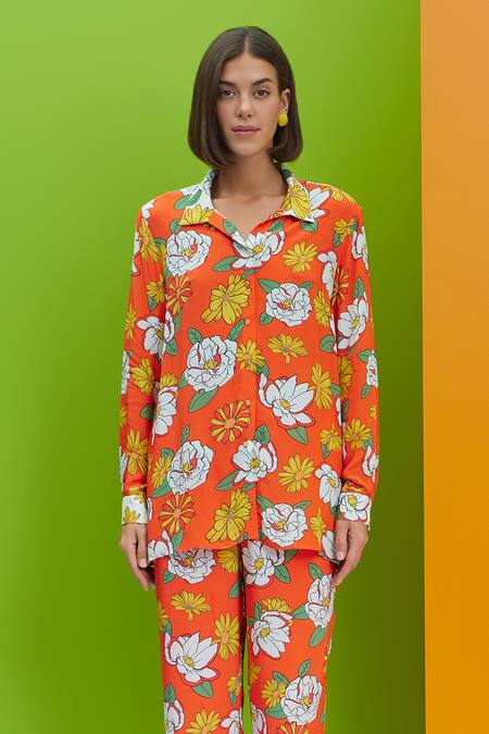 Nautanky_Orange Crepe Embroidery Shawl Neck Floral Frolic Over Size Shirt And Pant Set _Online_at_Aza_Fashions