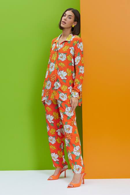 Buy_Nautanky_Orange Crepe Embroidery Shawl Neck Floral Frolic Over Size Shirt And Pant Set _Online_at_Aza_Fashions
