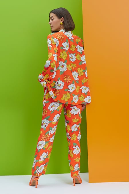Shop_Nautanky_Orange Crepe Embroidery Shawl Neck Floral Frolic Over Size Shirt And Pant Set _Online_at_Aza_Fashions