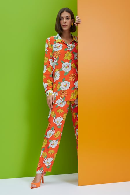 Nautanky_Orange Crepe Embroidery Shawl Neck Floral Frolic Over Size Shirt And Pant Set _at_Aza_Fashions