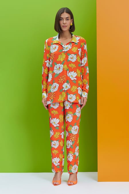 Buy_Nautanky_Orange Crepe Embroidery Shawl Neck Floral Frolic Over Size Shirt And Pant Set 