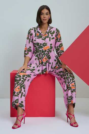 Shop Nautanky Pink Cotton, Crepe Collared Heart Eyes Peplum Top And Pant Set Online at Aza Fashions Shop_Nautanky_Pink Cotton, Crepe Collared Heart Eyes Peplum Top And Pant Set _Online_at_Aza_Fashions