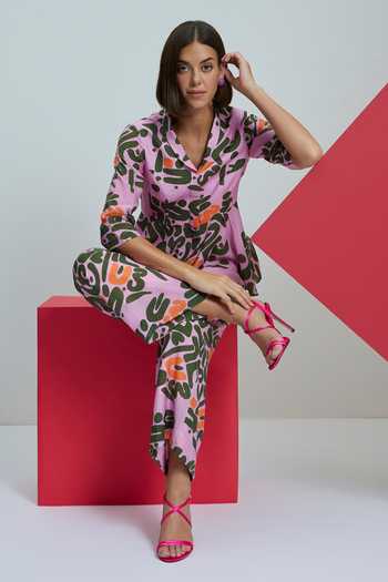 Nautanky Pink Cotton, Crepe Collared Heart Eyes Peplum Top And Pant Set at Aza Fashions Nautanky_Pink Cotton, Crepe Collared Heart Eyes Peplum Top And Pant Set _at_Aza_Fashions
