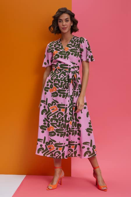 Buy Green Printed Tie-Up Midi Dress For Women Online - Zink London