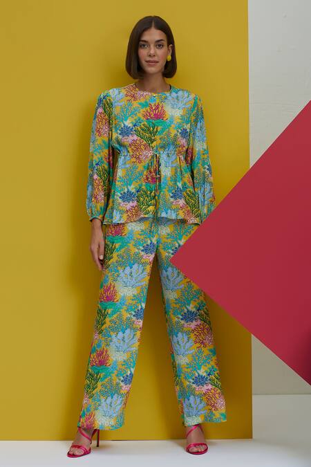 Nautanky_Yellow Natural Crepe Coral Round Suns Out Print Shirt And Pant Set _Online_at_Aza_Fashions