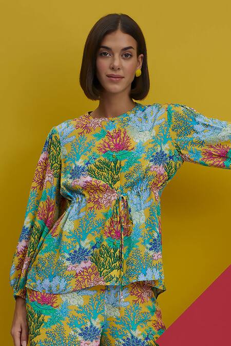 Buy_Nautanky_Yellow Natural Crepe Coral Round Suns Out Print Shirt And Pant Set _Online_at_Aza_Fashions