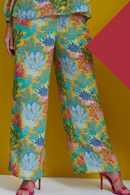 Shop_Nautanky_Yellow Natural Crepe Coral Round Suns Out Print Shirt And Pant Set _Online_at_Aza_Fashions